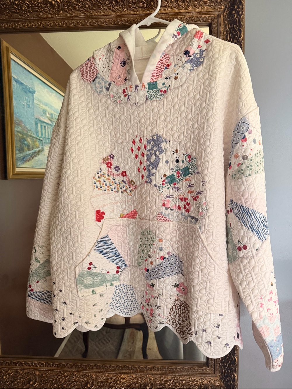 Patchwork Quilted Cream Hoodie with Scallop Hem